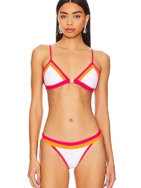 White Triangle Bikini Set with Pink & Orange Contrast Trim